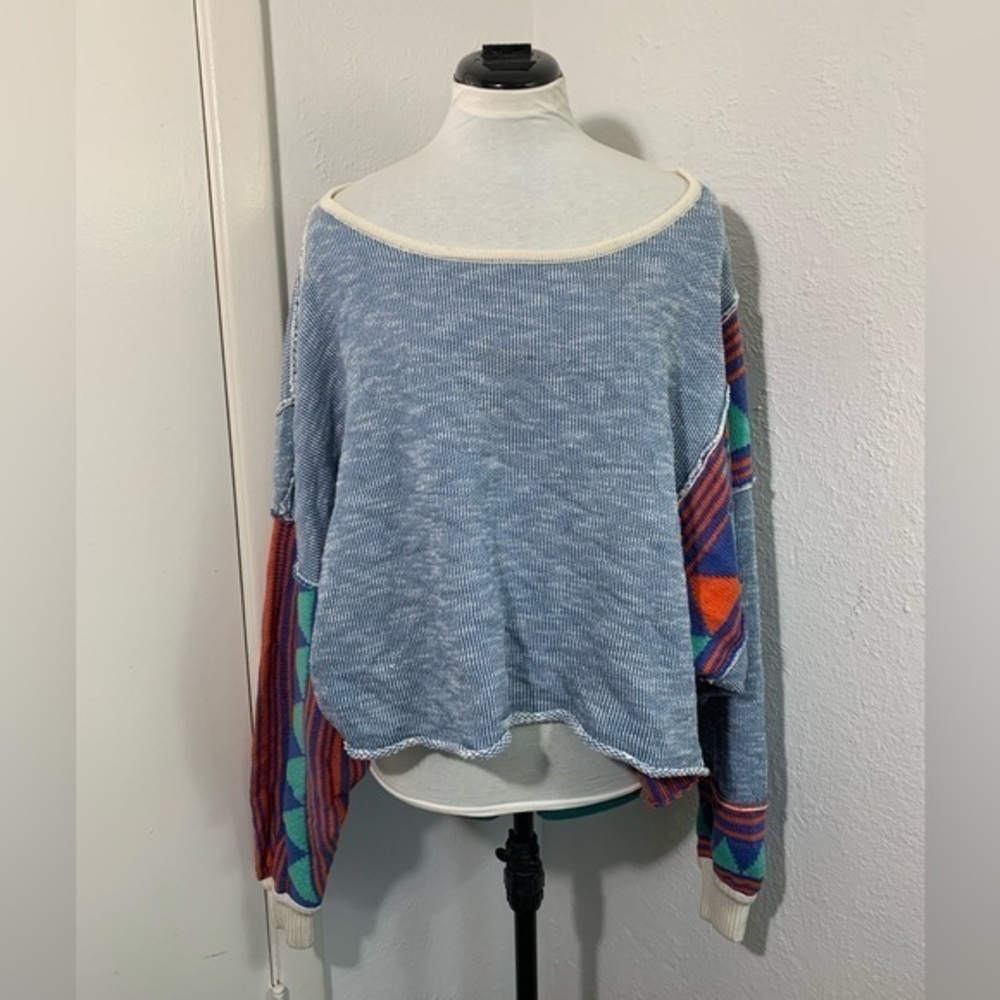 Free People Bermuda combo cropped oversized Aztec geometric blue red sweater S
